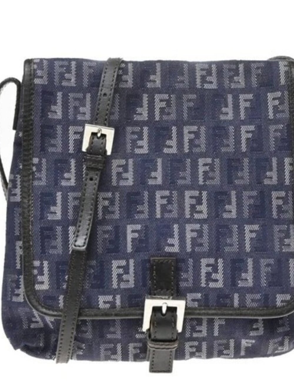 FENDI Zuccino Shoulder Cossbody Bag Canvas Leather Blue Brown SHW Italy 85KD769